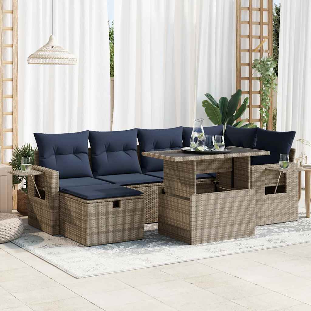 vidaXL 7-tlg. Garten-Sofagarnitur mit Kissen Braun Poly Rattan Akazie