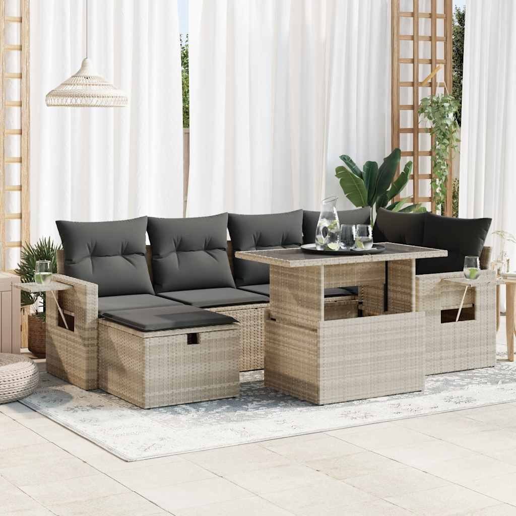 vidaXL 7-tlg. Garten-Sofagarnitur mit Kissen Hellgrau Poly Rattan