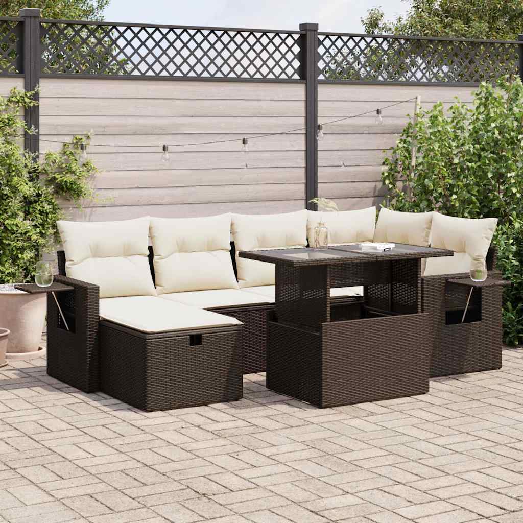 vidaXL 7-tlg. Garten-Sofagarnitur mit Kissen Braun Poly Rattan