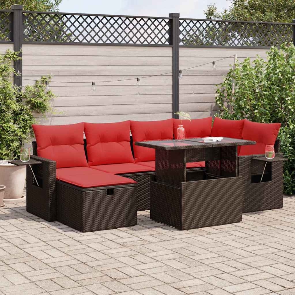 vidaXL 7-tlg. Garten-Sofagarnitur mit Kissen Schwarz Poly Rattan