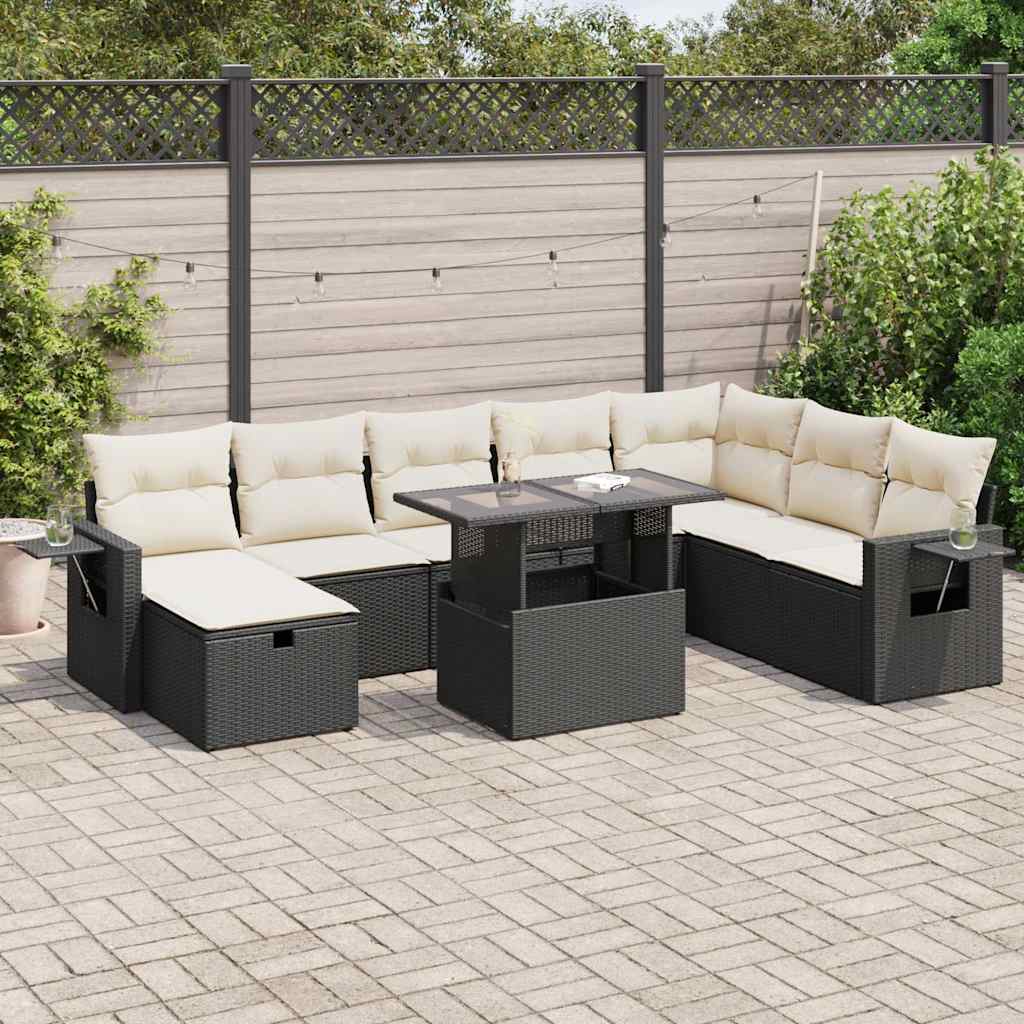 vidaXL 9-tlg. Garten-Sofagarnitur mit Kissen Schwarz Poly Rattan