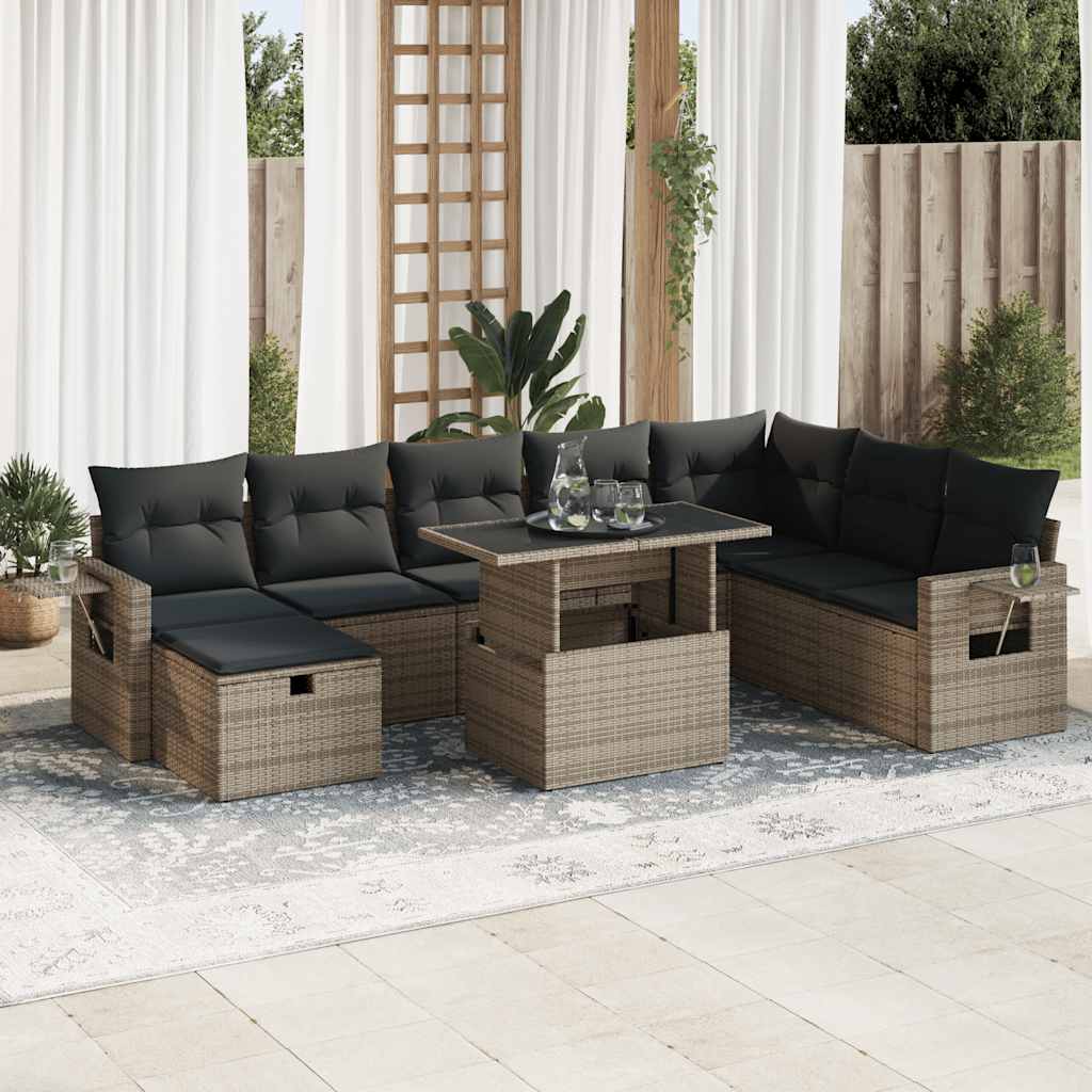 vidaXL 9-tlg. Garten-Sofagarnitur mit Kissen Grau Poly Rattan