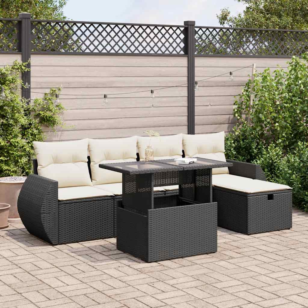 vidaXL 6-tlg. Garten-Sofagarnitur mit Kissen Schwarz Poly Rattan