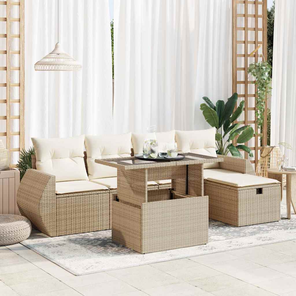 vidaXL 6-tlg. Garten-Sofagarnitur mit Kissen Beige Poly Rattan