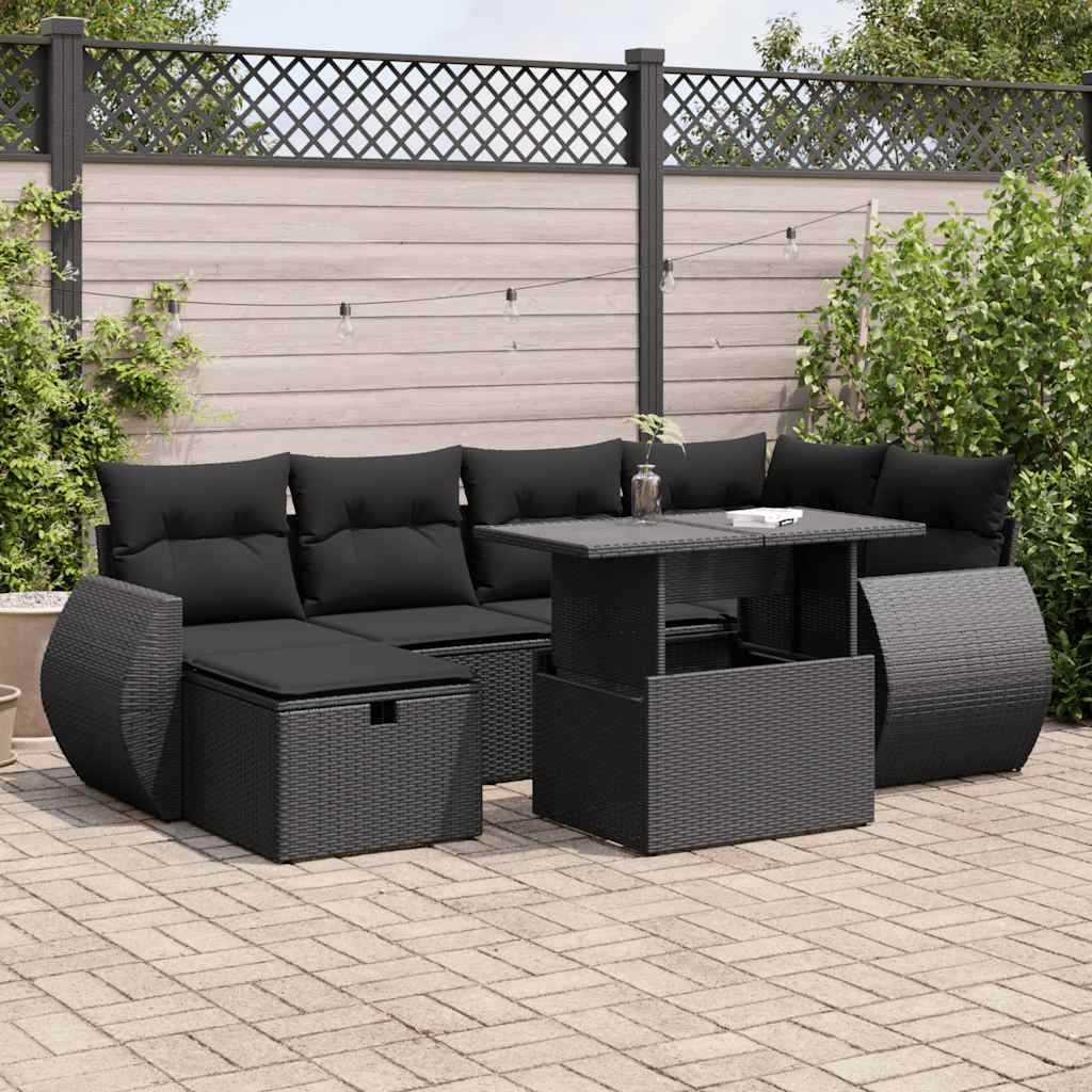 vidaXL 7-tlg. Garten-Sofagarnitur mit Kissen Schwarz Poly Rattan