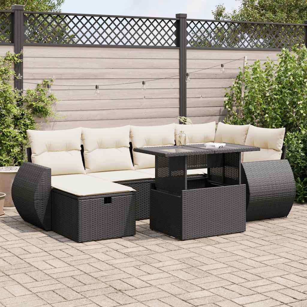 vidaXL 7-tlg. Garten-Sofagarnitur mit Kissen Schwarz Poly Rattan