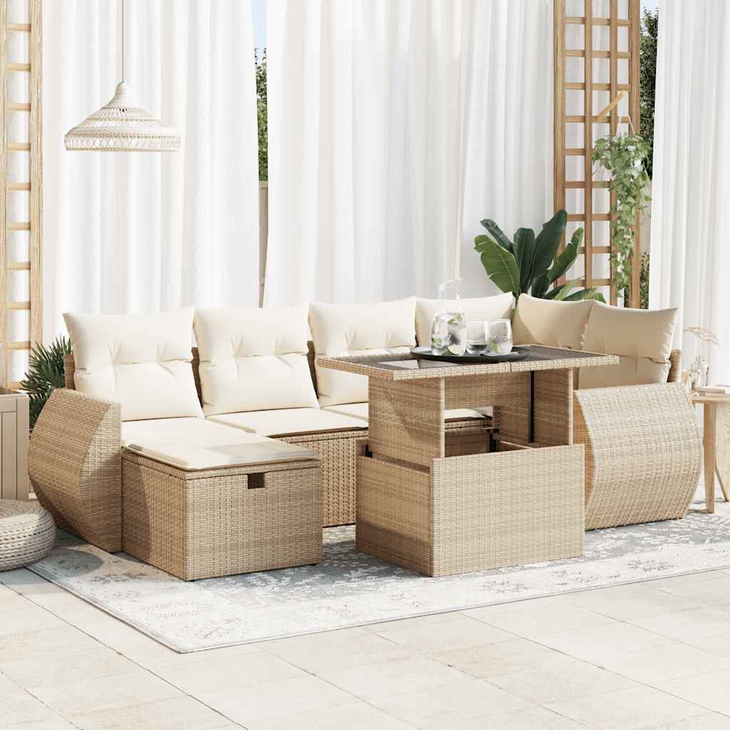 vidaXL 7-tlg. Garten-Sofagarnitur mit Kissen Beige Poly Rattan