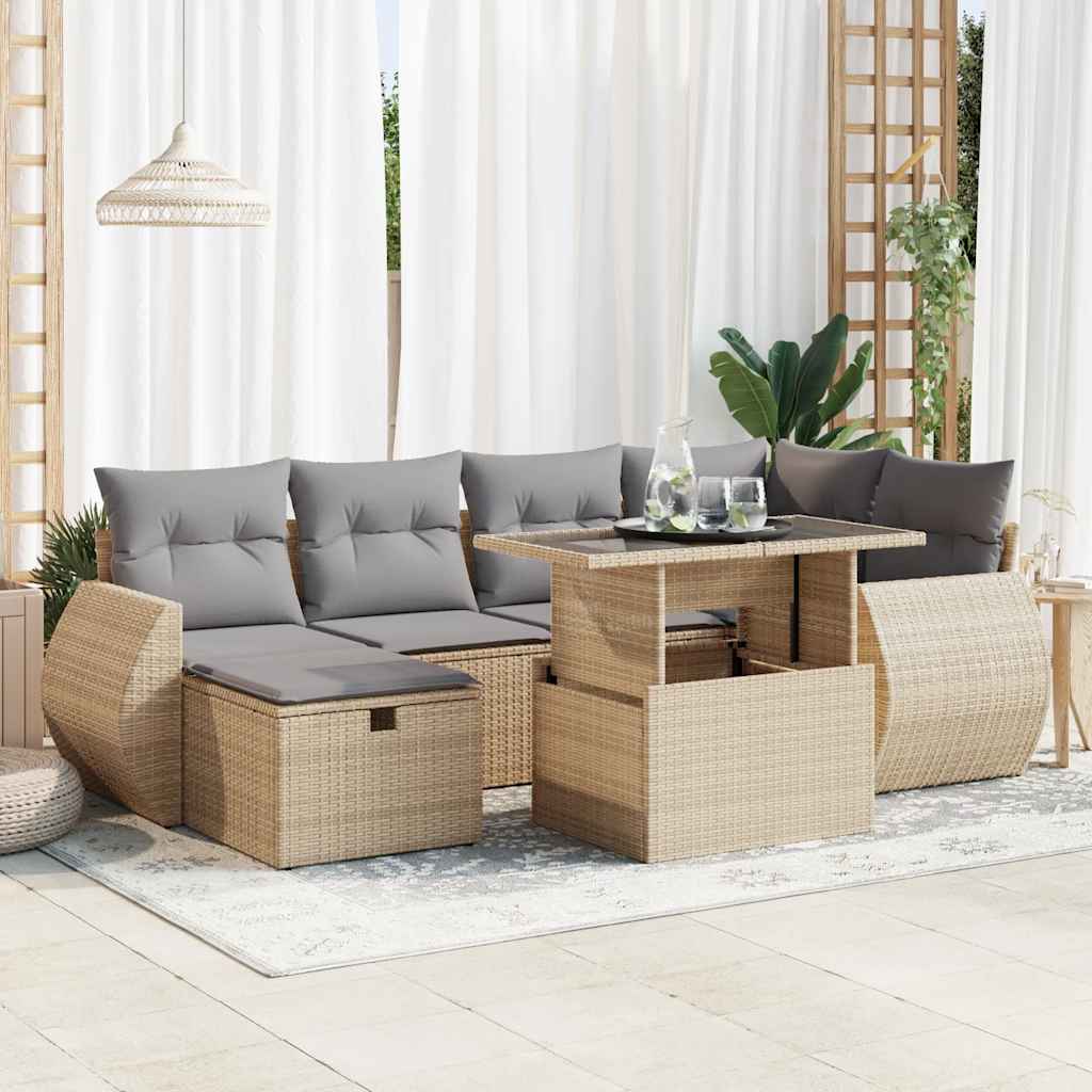 vidaXL 7-tlg. Garten-Sofagarnitur mit Kissen Beige Poly Rattan