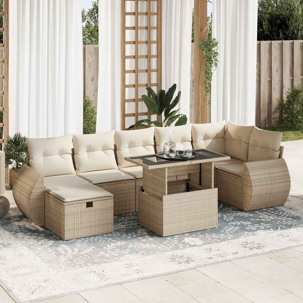 vidaXL 8-tlg. Garten-Sofagarnitur mit Kissen Beige Poly Rattan