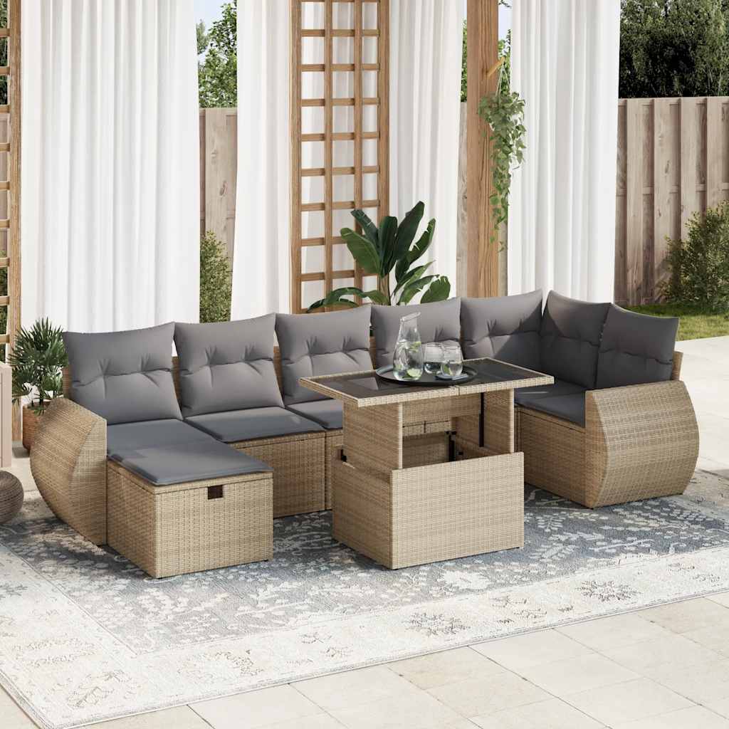 vidaXL 8-tlg. Garten-Sofagarnitur mit Kissen Beige Poly Rattan