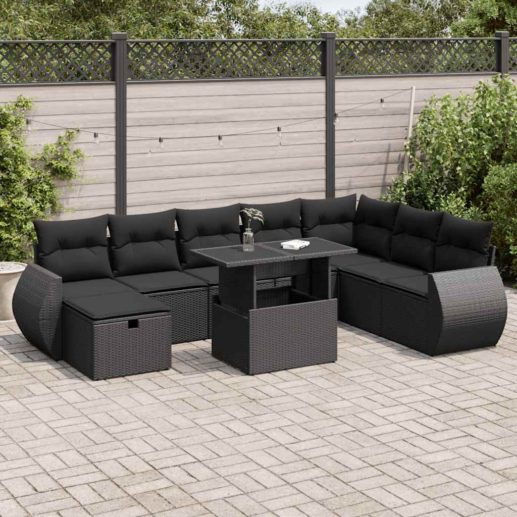 vidaXL 9-tlg. Garten-Sofagarnitur mit Kissen Schwarz Poly Rattan