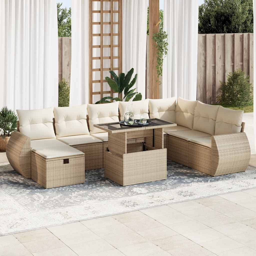 vidaXL 9-tlg. Garten-Sofagarnitur mit Kissen Beige Poly Rattan