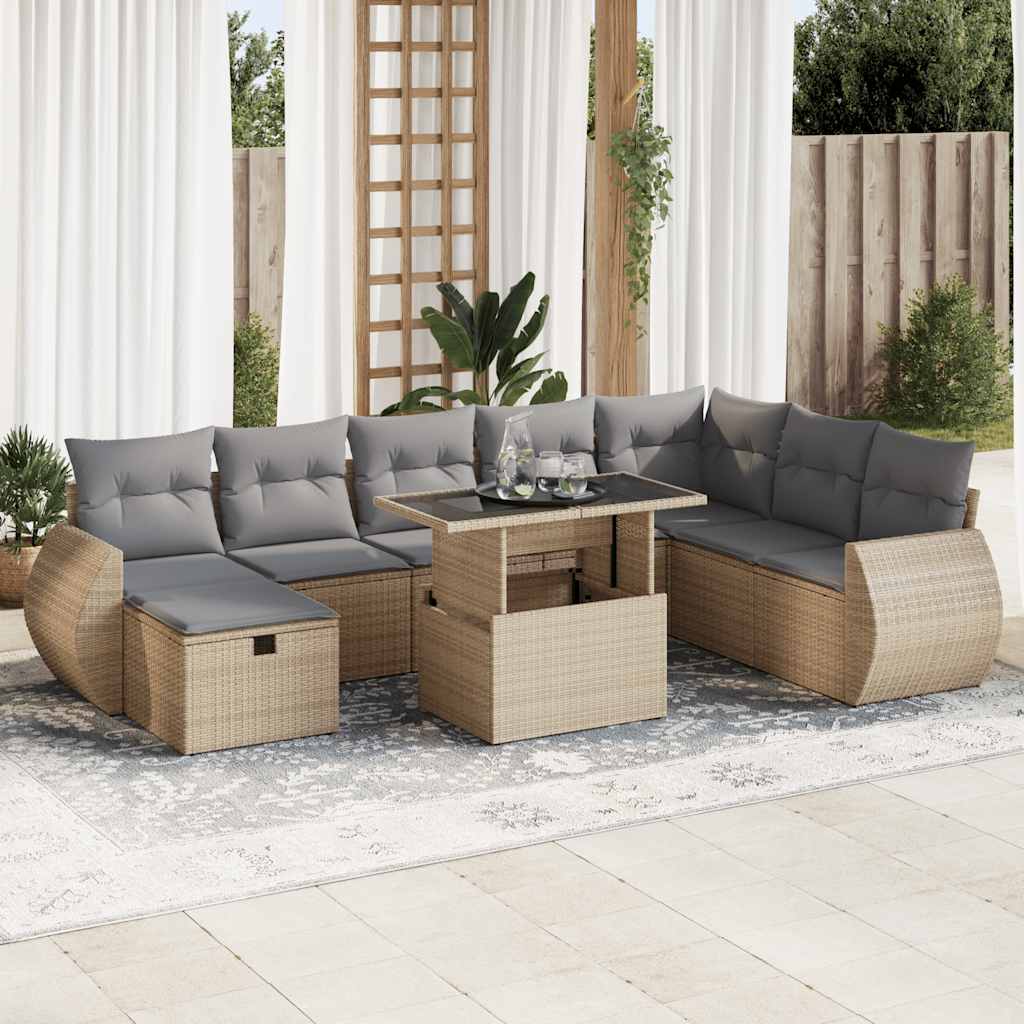 vidaXL 9-tlg. Garten-Sofagarnitur mit Kissen Beige Poly Rattan