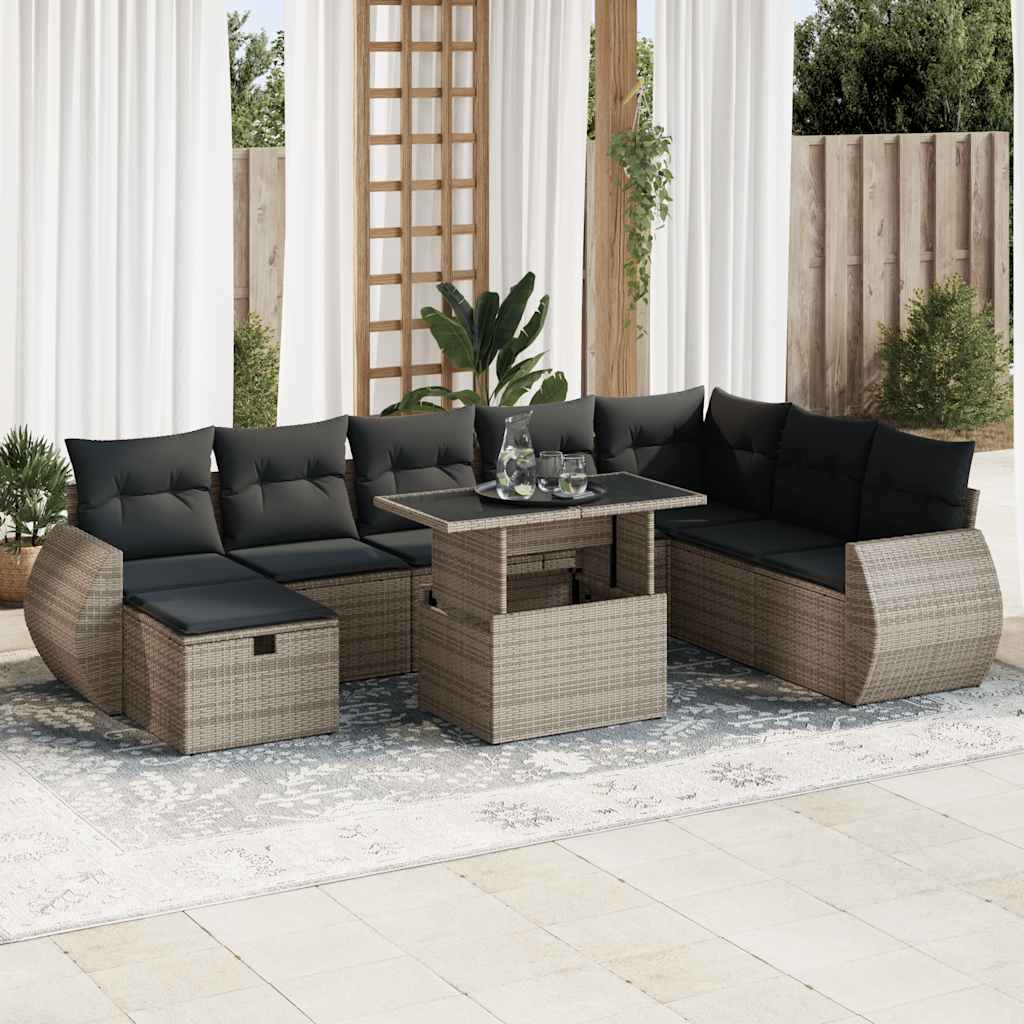 vidaXL 9-tlg. Garten-Sofagarnitur mit Kissen Grau Poly Rattan