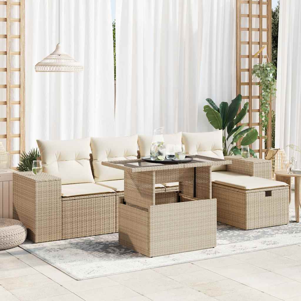 vidaXL 6-tlg. Garten-Sofagarnitur mit Kissen Beige Poly Rattan