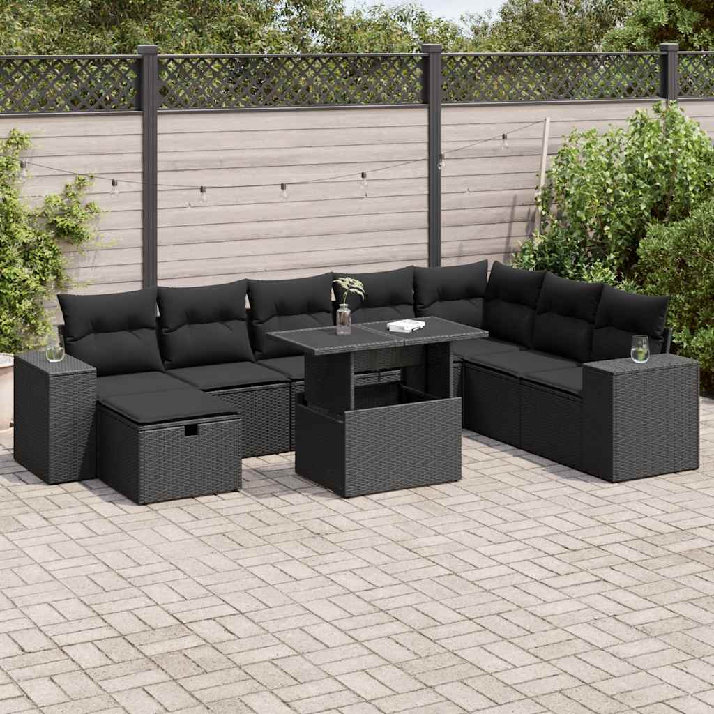 vidaXL Set mobilier de grădină cu perne, 9 piese, negru, poliratan