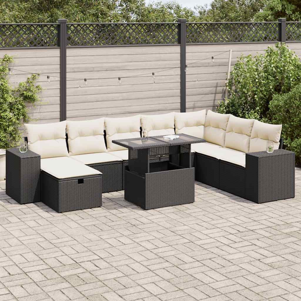 vidaXL Set mobilier de grădină cu perne, 9 piese, negru, poliratan