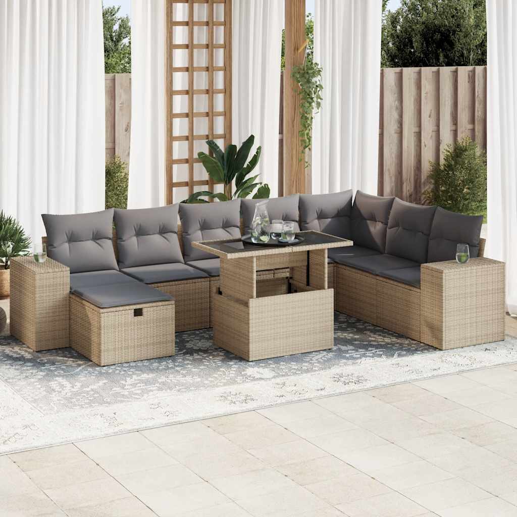 vidaXL Set canapele de grădină, 9 piese, cu perne, bej, poliratan