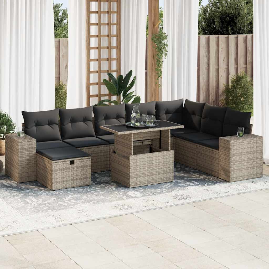 vidaXL 9-tlg. Garten-Sofagarnitur mit Kissen Grau Poly Rattan