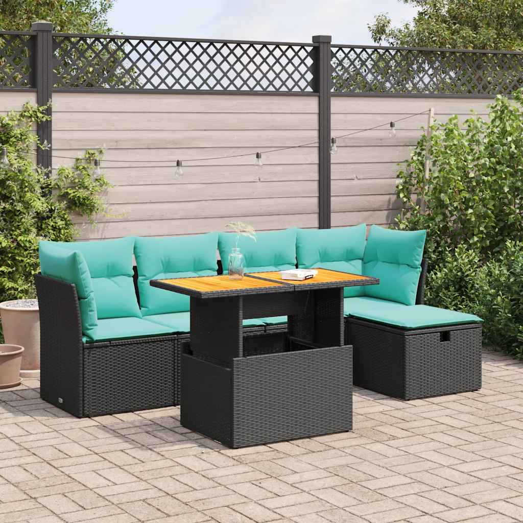 vidaXL 6-tlg. Garten-Sofagarnitur mit Kissen Schwarz Poly Rattan