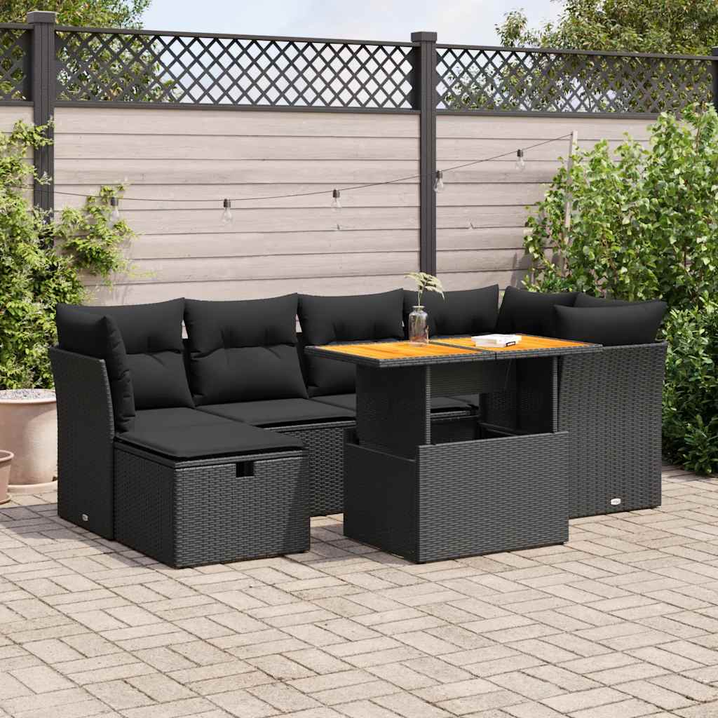 vidaXL 7-tlg. Garten-Sofagarnitur mit Kissen Schwarz Poly Rattan