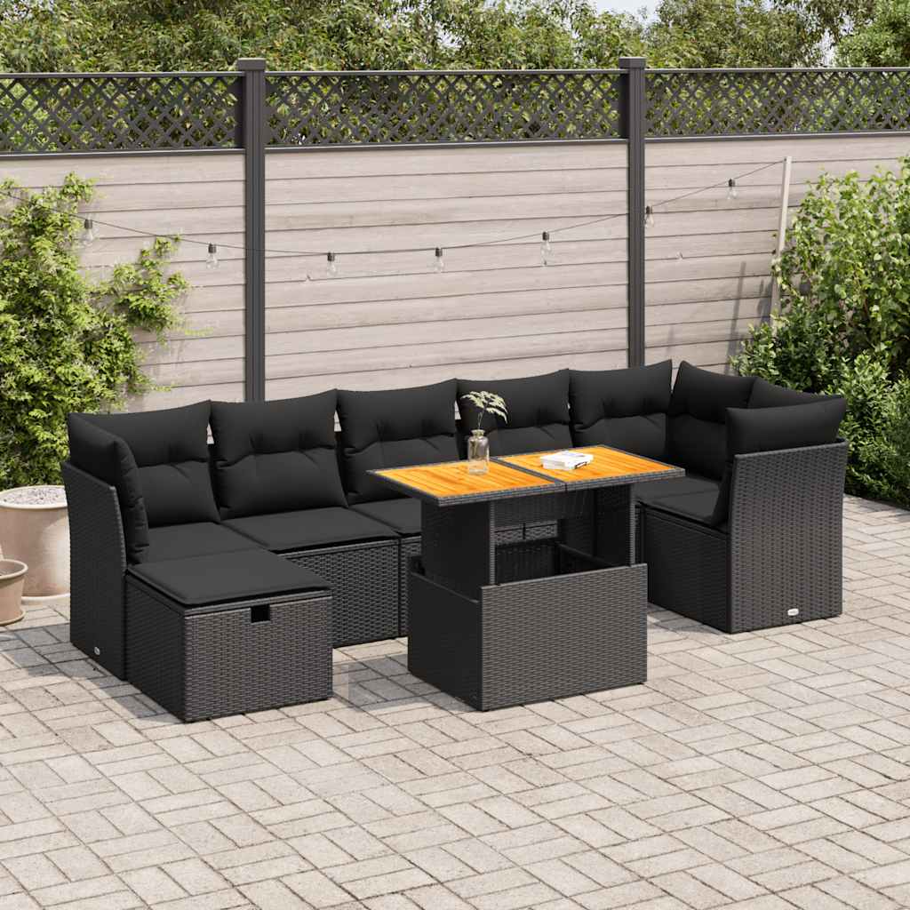 vidaXL 8-tlg. Garten-Sofagarnitur mit Kissen Schwarz Poly Rattan