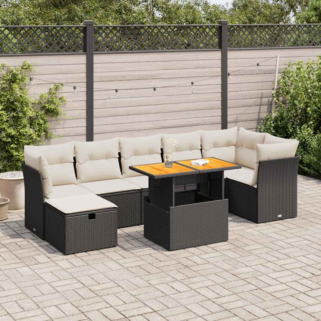 vidaXL Set mobilier grădină perne 8 piese negru, poliratan/lemn acacia