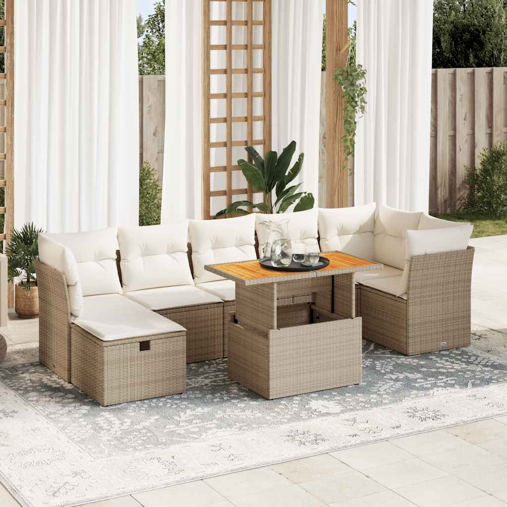 vidaXL 8-tlg. Garten-Sofagarnitur mit Kissen Beige Poly Rattan Akazie