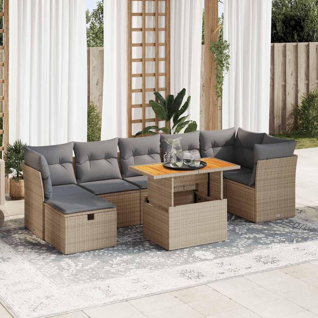 vidaXL 8-tlg. Garten-Sofagarnitur mit Kissen Beige Poly Rattan Akazie