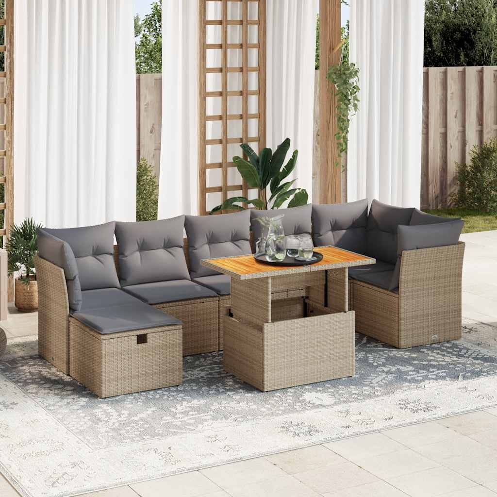 Sofasæt til haven 8 dele med hynder i polyrattan og akacietræ - beige