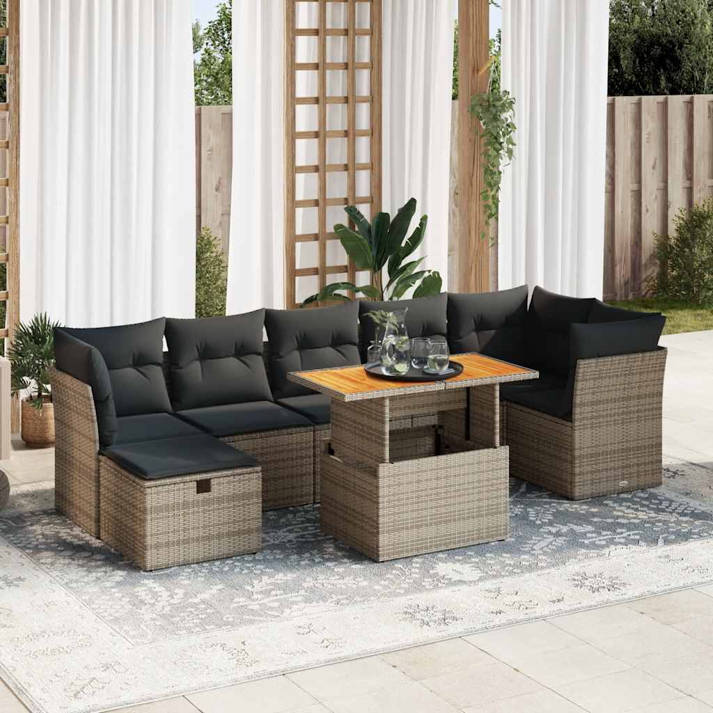 8-tlg. Garten-Sofagarnitur mit Kissen Grau Poly Rattan Akazie