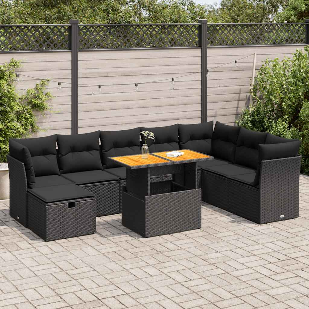 vidaXL 9-tlg. Garten-Sofagarnitur mit Kissen Schwarz Poly Rattan