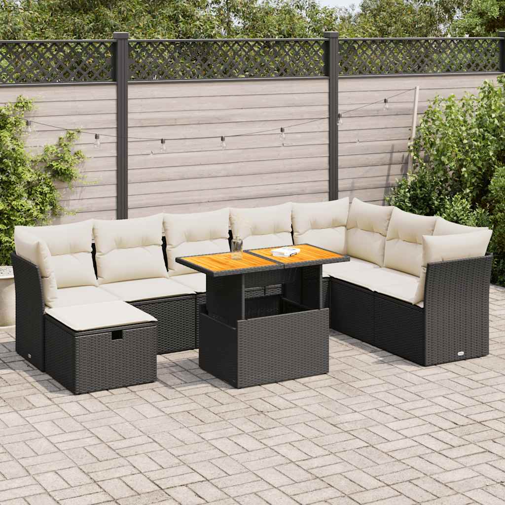 vidaXL 9-tlg. Garten-Sofagarnitur mit Kissen Schwarz Poly Rattan