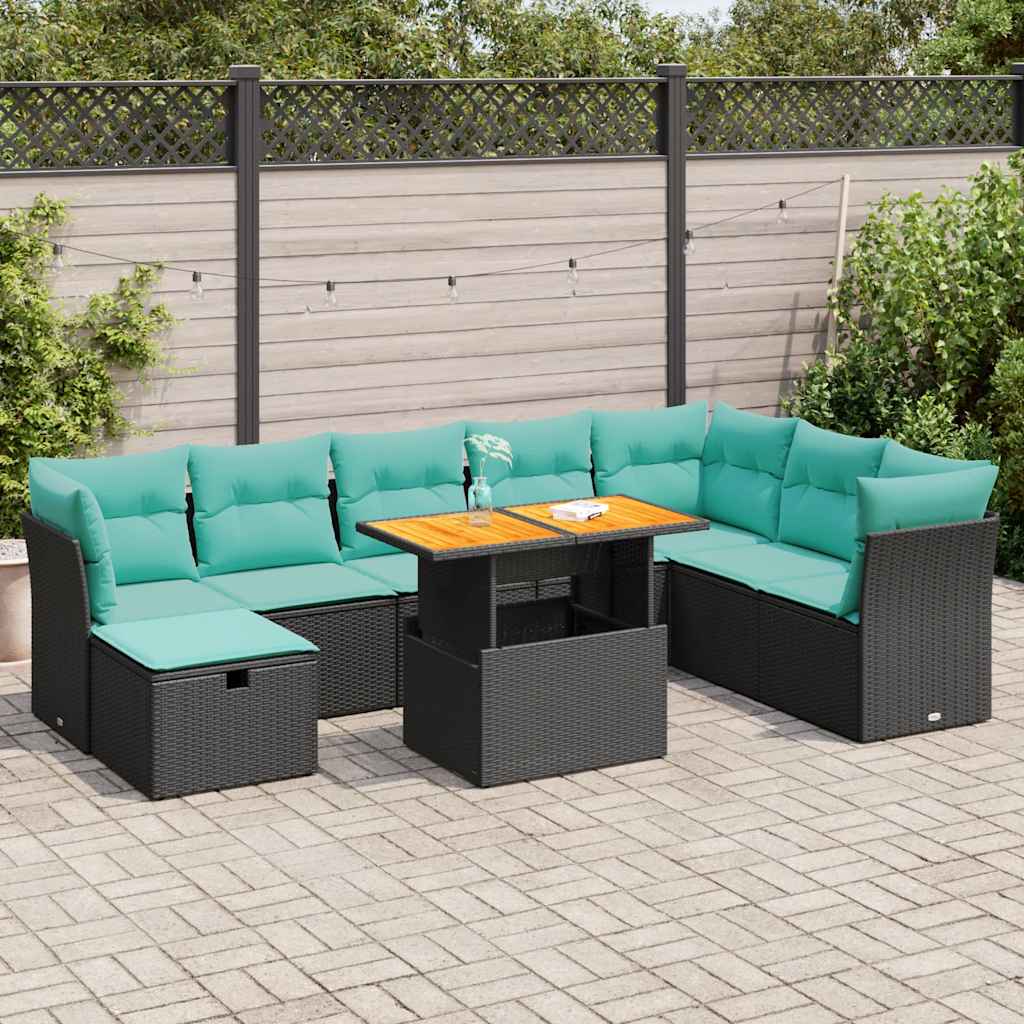 vidaXL 9-tlg. Garten-Sofagarnitur mit Kissen Grau Poly Rattan Akazie