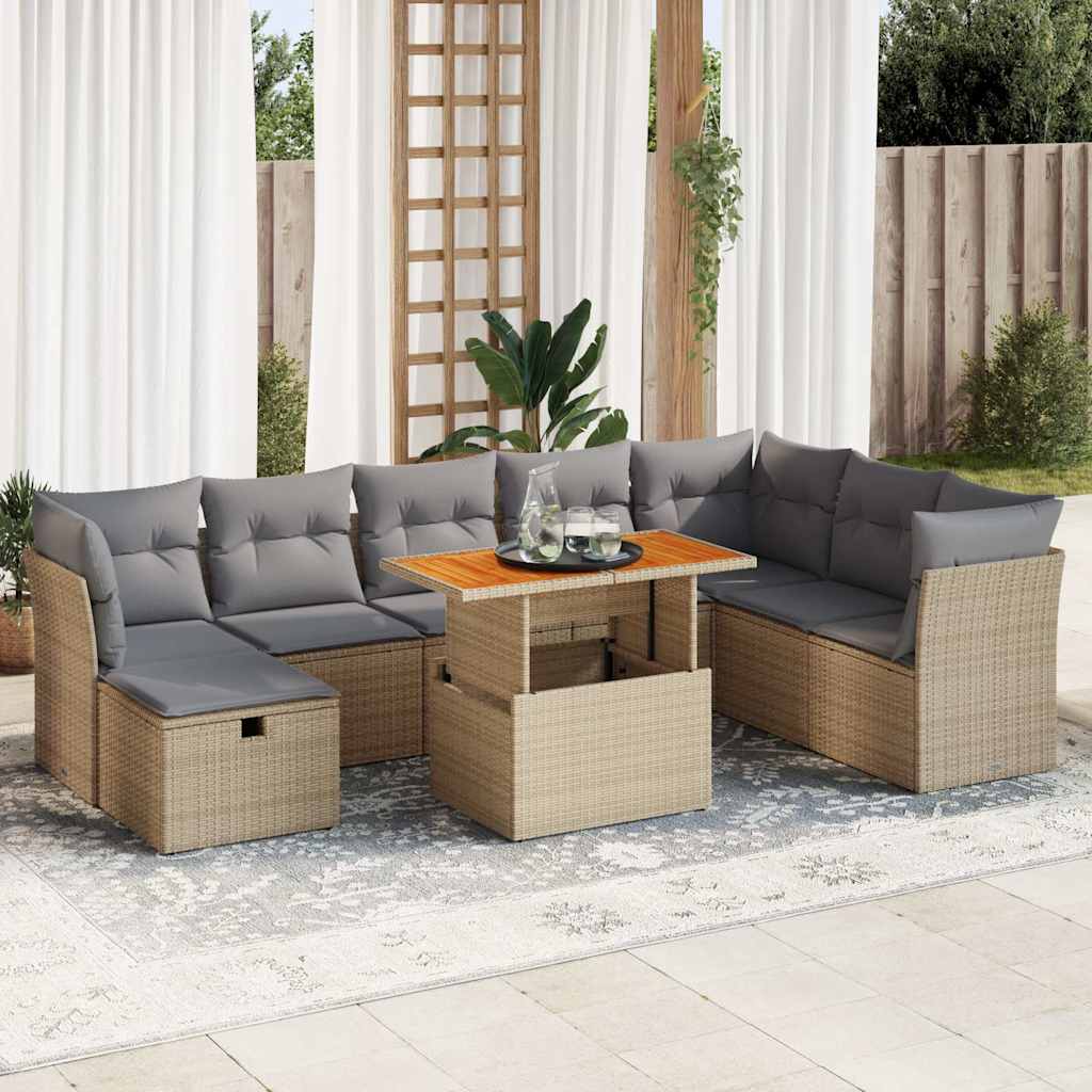 vidaXL 9-tlg. Garten-Sofagarnitur mit Kissen Beige Poly Rattan Akazie