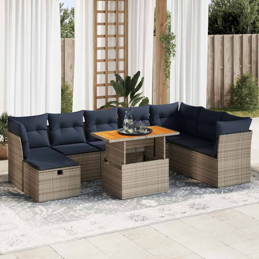 vidaXL 9-tlg. Garten-Sofagarnitur mit Kissen Braun Poly Rattan Akazie