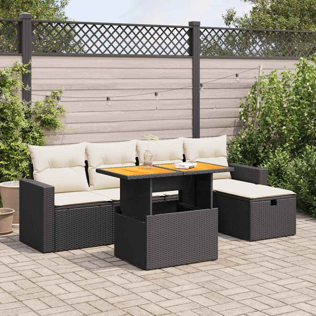 vidaXL 6-tlg. Garten-Sofagarnitur mit Kissen Schwarz Poly Rattan