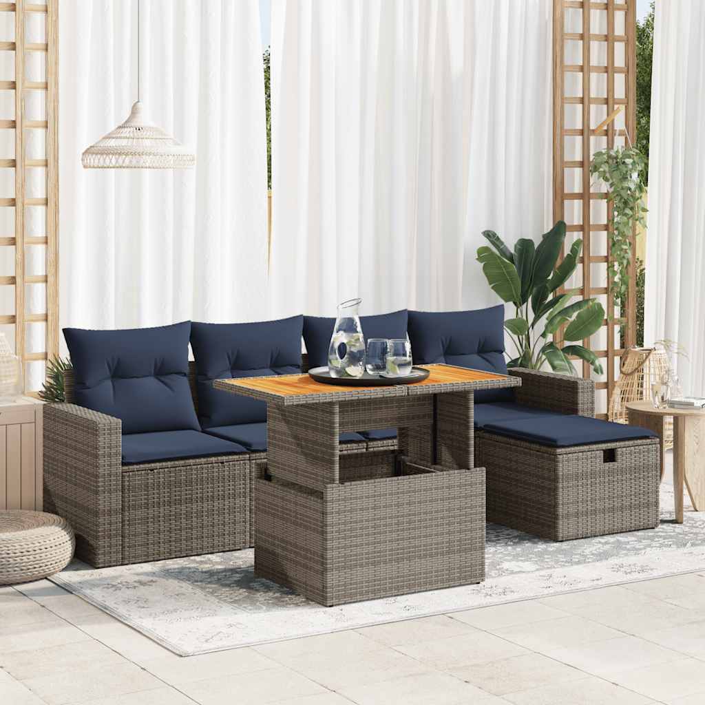 vidaXL 6-tlg. Garten-Sofagarnitur mit Kissen Grau Poly Rattan Akazie