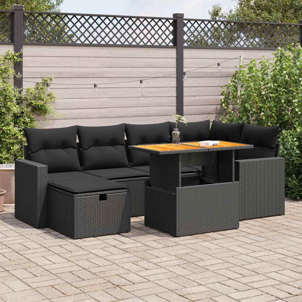 vidaXL Set mobilier grădină perne 8 piese negru, poliratan/lemn acacia