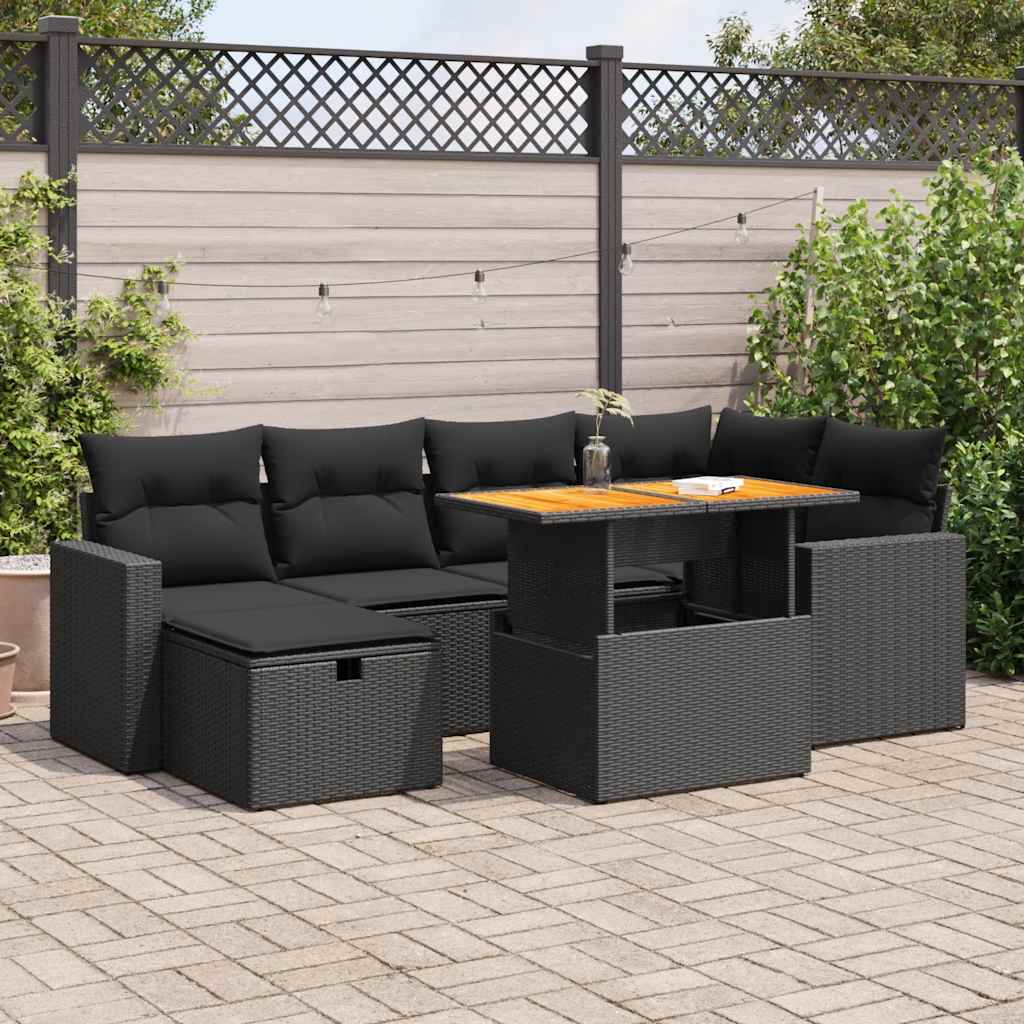 vidaXL Set mobilier grădină perne 8 piese negru, poliratan/lemn acacia