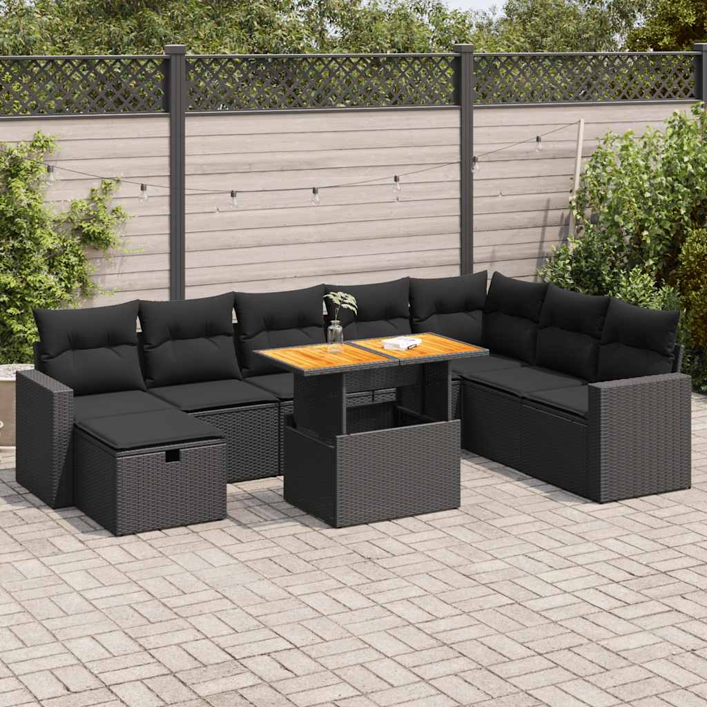 vidaXL Set mobilier grădină perne 9 piese negru poliratan/lemn acacia