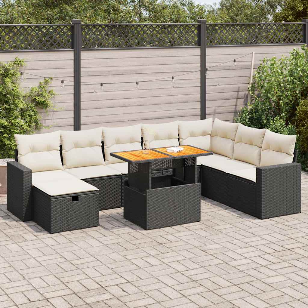 vidaXL Set mobilier grădină perne 9 piese negru poliratan/lemn acacia