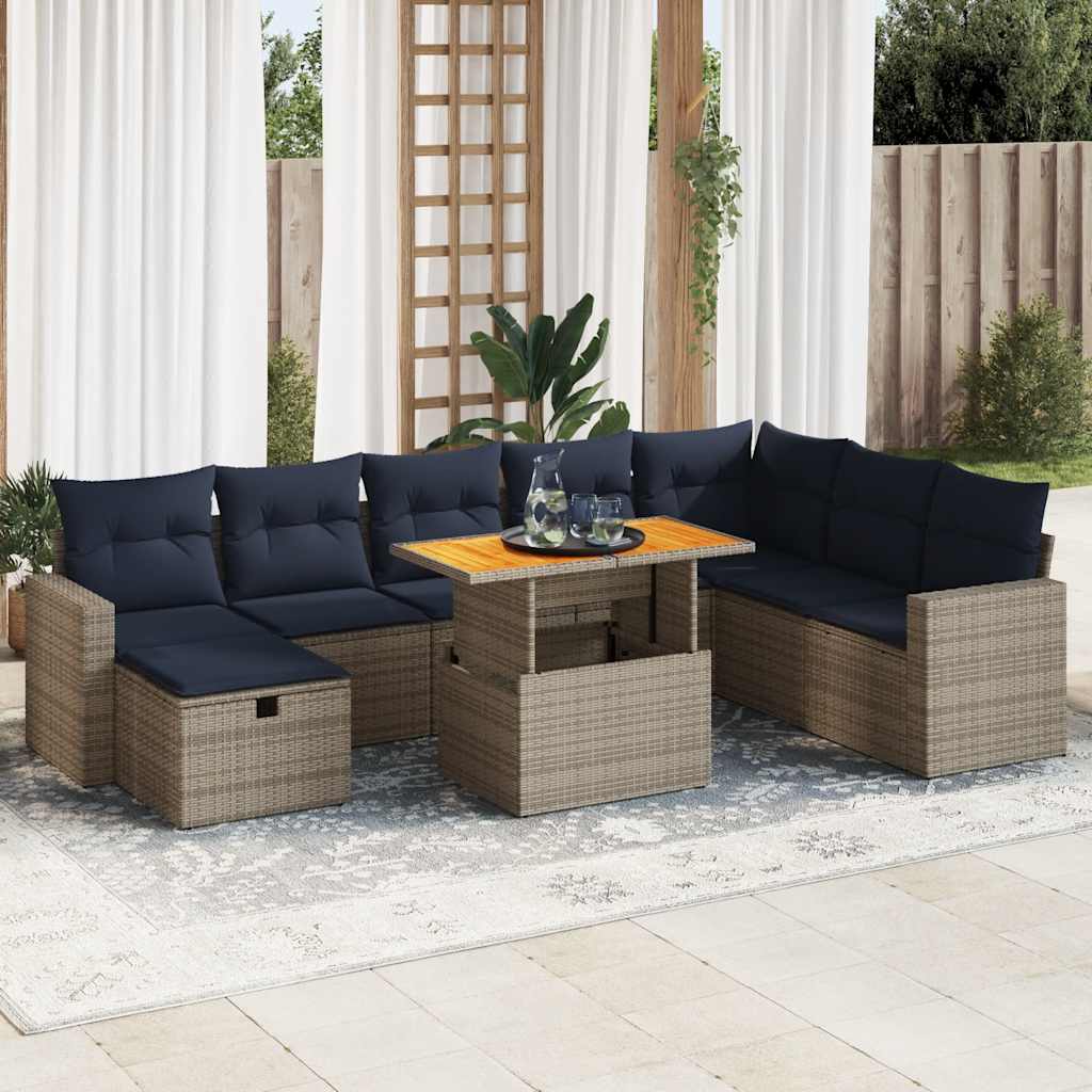 vidaXL 9-tlg. Garten-Sofagarnitur mit Kissen Grau Poly Rattan Akazie