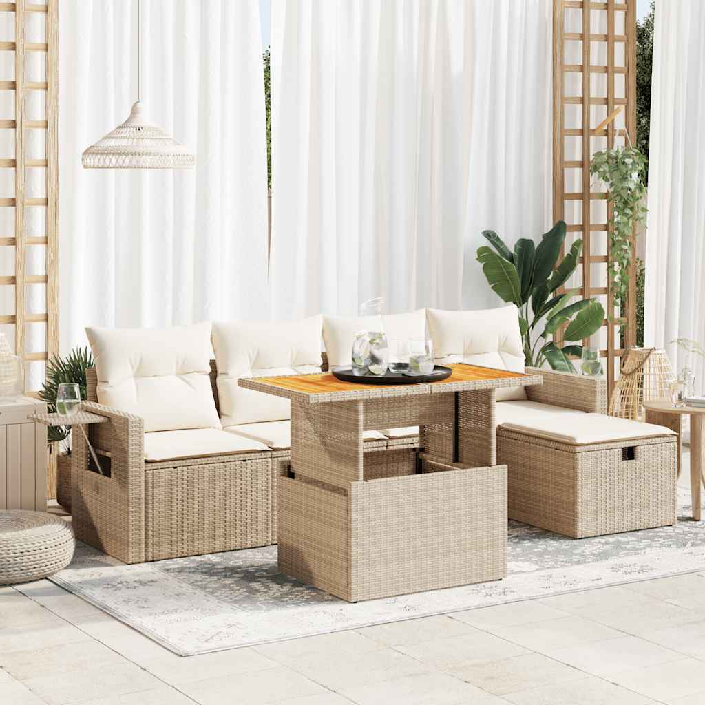 vidaXL 6-tlg. Garten-Sofagarnitur mit Kissen Beige Poly Rattan Akazie