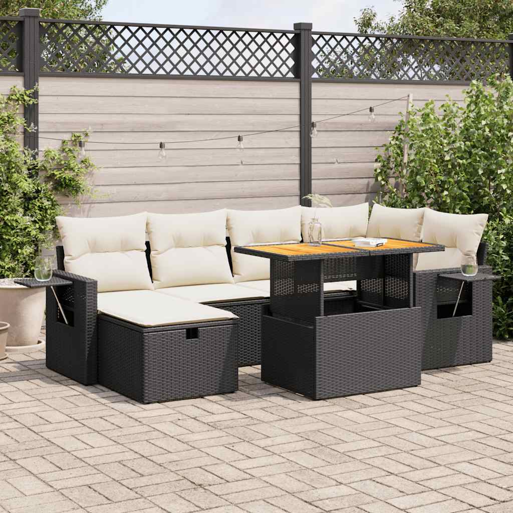 vidaXL Set mobilier grădină perne 8 piese negru, poliratan/lemn acacia