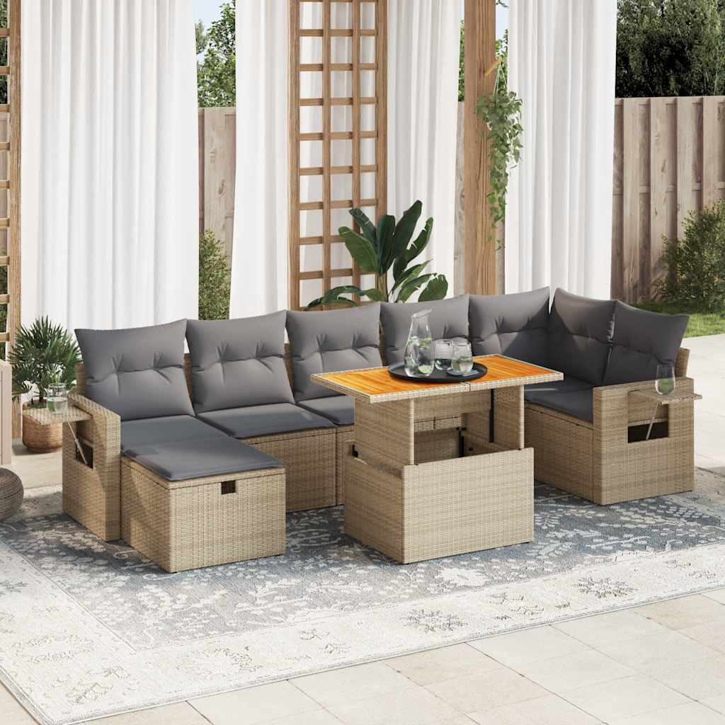 vidaXL 5-tlg. Garten-Sofagarnitur mit Kissen Beige Poly Rattan Akazie