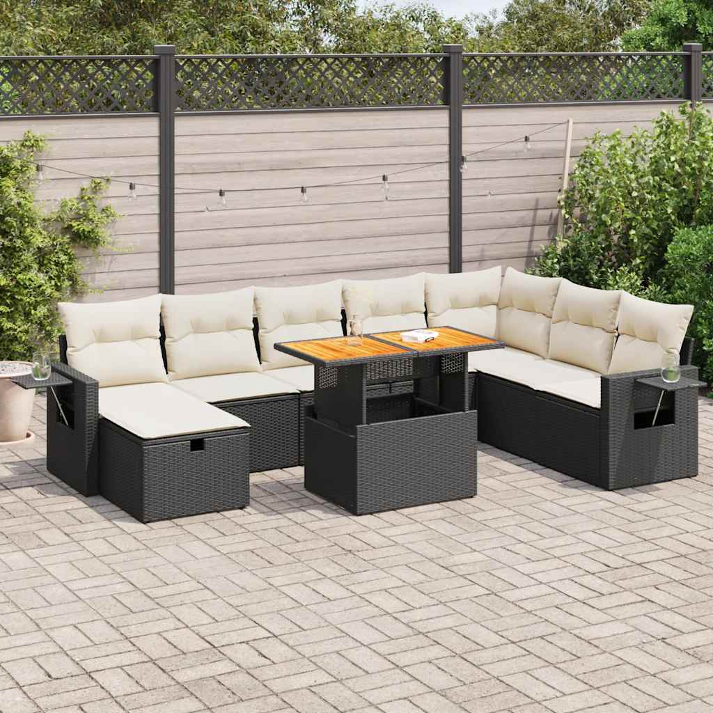 vidaXL Set mobilier grădină perne 9 piese negru poliratan/lemn acacia