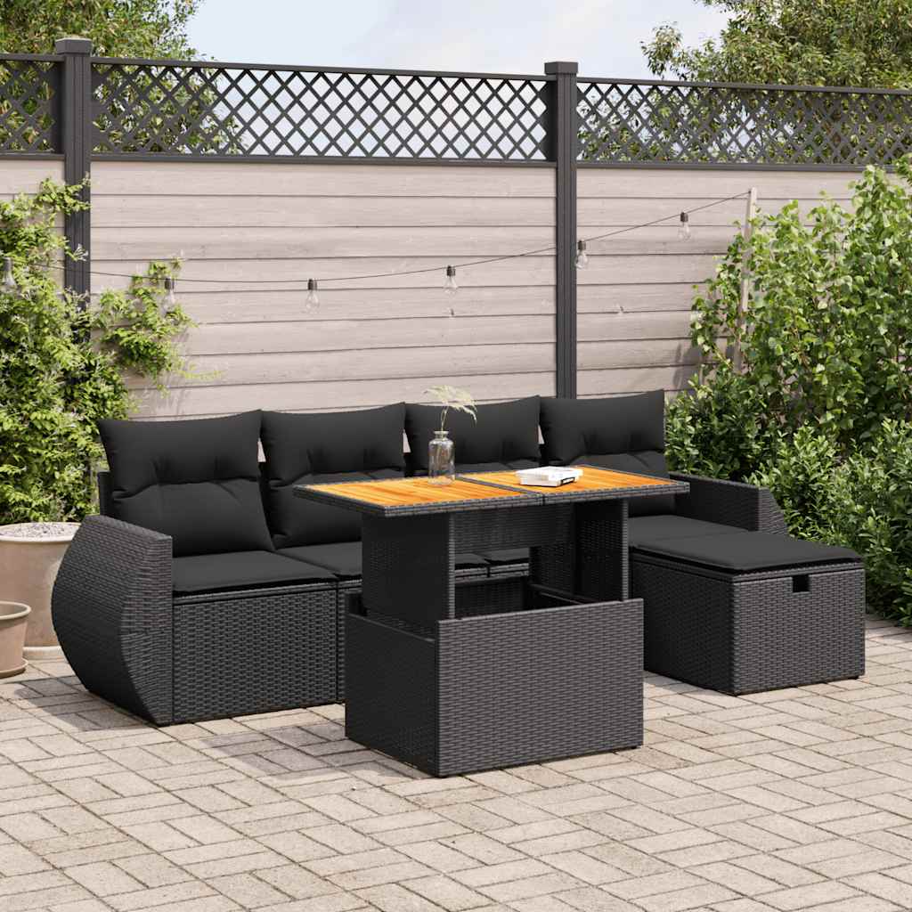 6-tlg. Garten-Sofagarnitur mit Kissen Schwarz Poly Rattan