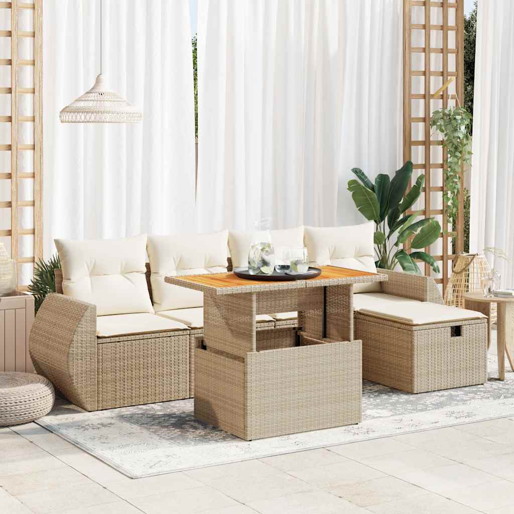 6-tlg. Garten-Sofagarnitur mit Kissen Beige Poly Rattan Akazie