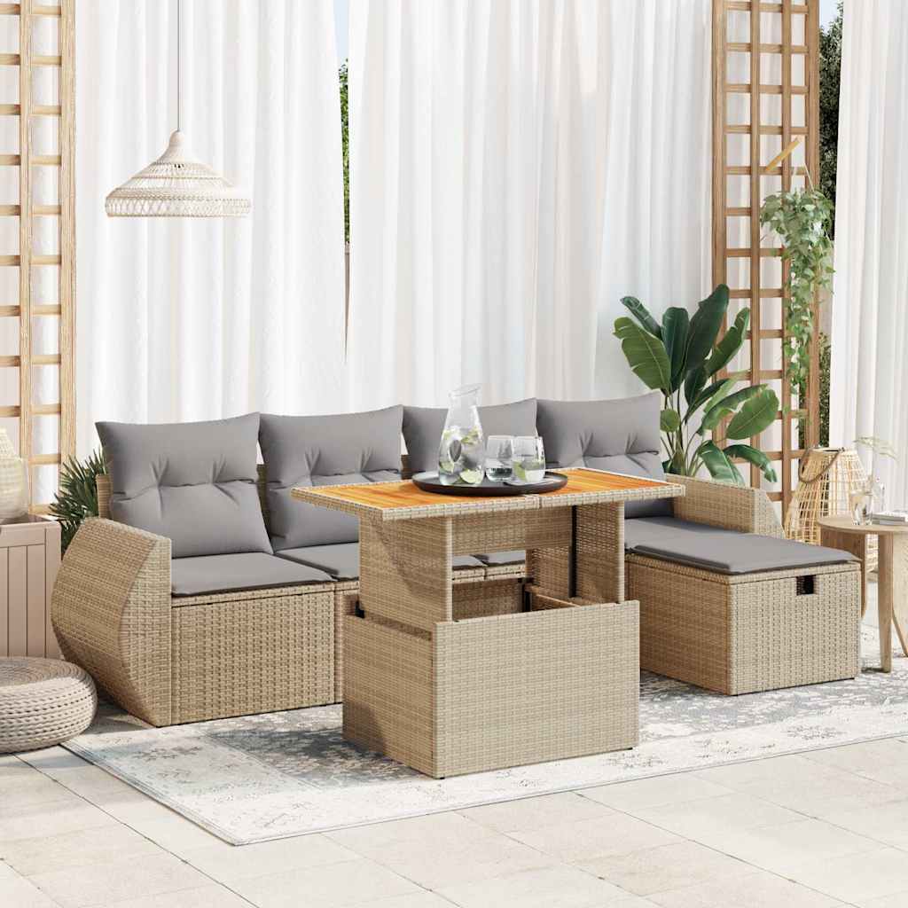 6-tlg. Garten-Sofagarnitur mit Kissen Beige Poly Rattan Akazie